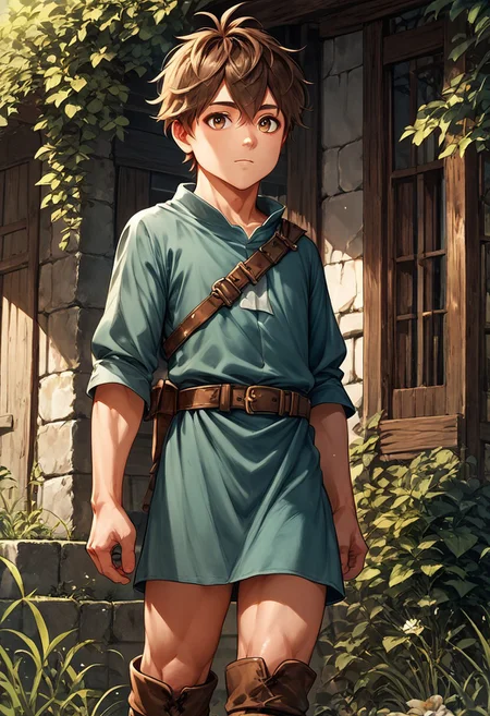 score_9, score_8_up, score_7_up, 1boy, solo, cute boy, brown hair, brown eyes, tunic, belt, bare thighs, boots
