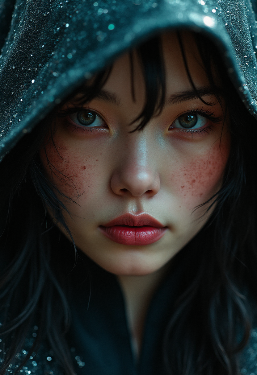 Super face Closeup Portrait,augmentation  Sci-fi Darkness By He Xiaofeng, a quiet Fighter, feudal Ninja,, robotic shinobi suit, (style Katy  Grannan:1.35) , Satin texture, (Glitchy:1.5)