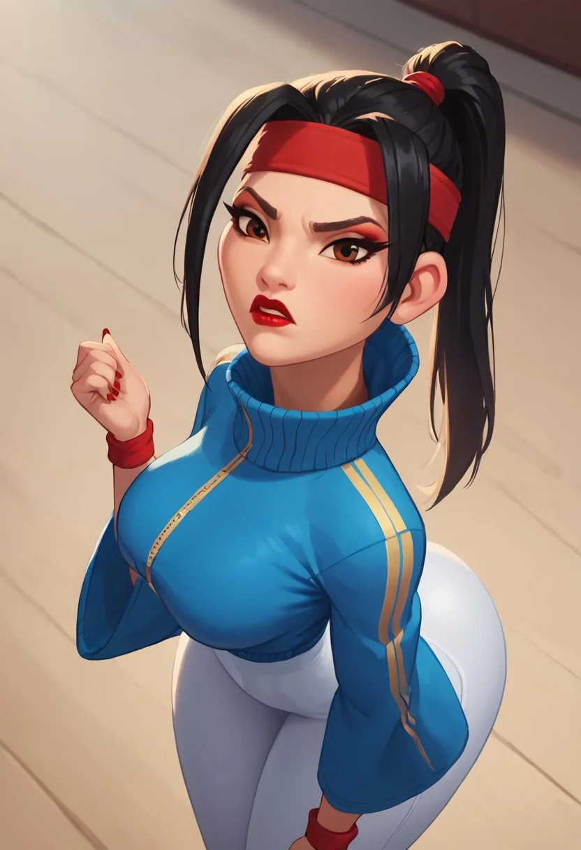 score_9, score_8_up, score_7_up, ultra quality, solo, 1girl, chang'e_tt, 1girl, asian, high ponytail (black hair, red headband), big eyelashes, brown eyes, makeup, red eyeshadow, red lipstick, red nails, red wristbands, blue track jacket (turtleneck, wide sleeves), light blue spandex, angry, pouting, big hips, big butt, bubble butt, breasts, narrow waist, curvy, score_9, score_8_up, score_7_up, score_6_up, looking at the viewer, standing, close up, view from above, face focus, screencap