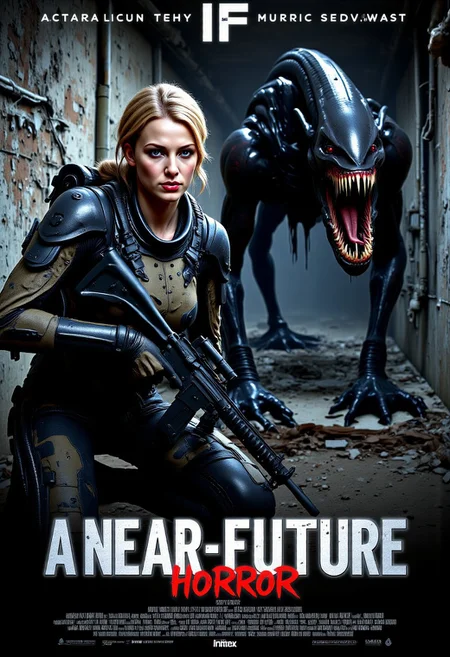 photorealistic, A sci-fi horror movie poster. The left side of the image features a stunning beauty with a blonde updo and loose strands and blue eyes clad in a battle-worn near-future body armor but no helmet crouching while holding her sci-fi assault rifle looking at viewer. Her exosuit is covered with mechanical details and dimly glowing lights, tight-fitting to accentuate her large breasts Her assault rifle is matte-black and features an advanced optics. On the right side behind her a towering vague silhouette of a lying non-humanoid creature looms in the dark tunnel crawling toward her. The creature's horrifically deformed shape is barely visible with a fully-open maw and sharp teeth and multiple glowing eyes, indicating it's a being of eldritch horror. The scene is a dark abandoned underground bunker. The movie title 'A Near-Future Horror' written at the bottom of the image in metallic sci-fi font with faint glow effect. (Production credits below the movie title.:1.2) aidmatextimprover, high contrast