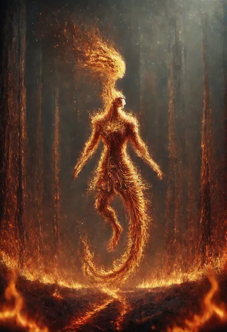 {{best quality}}, {{amazing quality}}, {{very aesthetic}}, best quality, very aesthetic, absurdres, blurry background, , best quality, amazing quality, very aesthetic, absurdres, Rastex, Shark, floating, burning forest, orange fur, walking, flames on paws, grey background