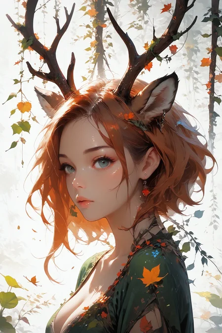 looking at viewer,detailed background,Cinematic Lighting,film grain,score_9,score_8_up,score_7_up,masterpiece,best quality,highly detailed,
<lora:(增强)sdxl_lightning_8step_lora:1>,<lora:glowneon_xl_v1:1>,glowing,<lora:hand 4:1>,hand person,<lora:Expressive_H:0.8>,Expressiveh,<lora:Concept Art Twilight Style SDXL_LoRA_Pony Diffusion V6 XL:0.6>,<lora:th3rm4lXLP:0.4>,th3rm4l,colorful,<lora:4ntl3rsXLP:0.8>,4ntl3rs,antlers,
1girl,animal ears,big breasts,deer ears,earrings,no humans,palmate,solo,upper body,white background,pelt,antlers mix branch,vines,hair vines,leaf,falling leaves,