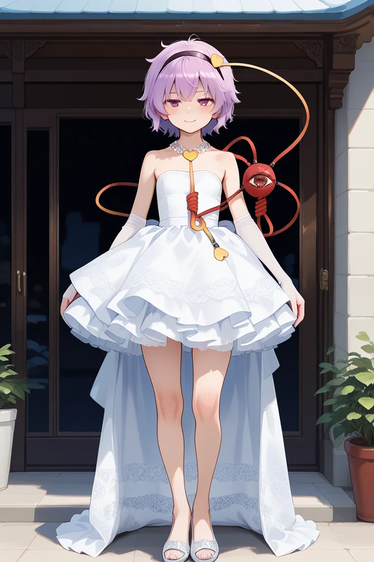 1girl, <lora:white_high_low_dressV1_Illustrious:1> ,white high-low dress,lace train,ruffled skirt,bare shoulders,strapless,pearl necklace,jewelry,white lace elbow gloves,white footwear,outdoors, high heels, masterpiece, best quality, amazing quality, newest,light_smile,, <lora:Komeiji-Satori_illustrious:1>,komeiji satori, 1girl, solo, pink eyes, third eye, pink hair,hairband,