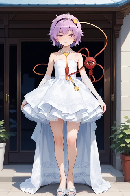 1girl, <lora:white_high_low_dressV1_Illustrious:1> ,white high-low dress,lace train,ruffled skirt,bare shoulders,strapless,pearl necklace,jewelry,white lace elbow gloves,white footwear,outdoors, high heels, masterpiece, best quality, amazing quality, newest,light_smile,, <lora:Komeiji-Satori_illustrious:1>,komeiji satori, 1girl, solo, pink eyes, third eye, pink hair,hairband,