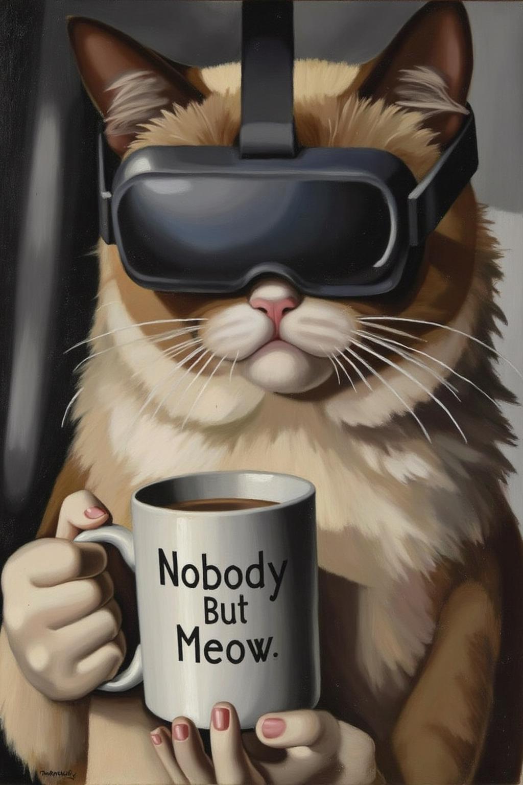 tamaradelempicka1 painting.
Grumpy Cat wearing a VR Headset, holding a coffee mug. The mug has the phrase "NobodyButMeow" printed  <lora:tamaradelempicka1_cap_d8a4:1.0><lora:863956569056926627:0>