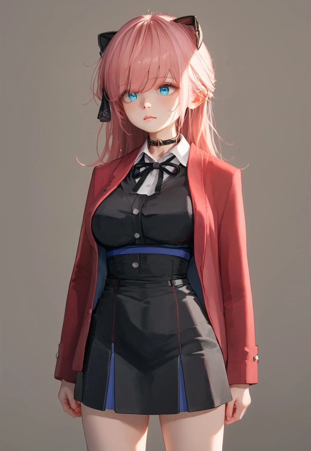 masterpiece, best quality, very aesthetic, anime, plain background, Expressiveh, zPDXL3, sinfully stylish, dramatic lighting, soft light, long shadows, detailed, steady focus, 1girl, solo, Vivi, pink hair, blue eyes, large breasts, choker, hair ribbon, red jacket, bangs, short skirt, 