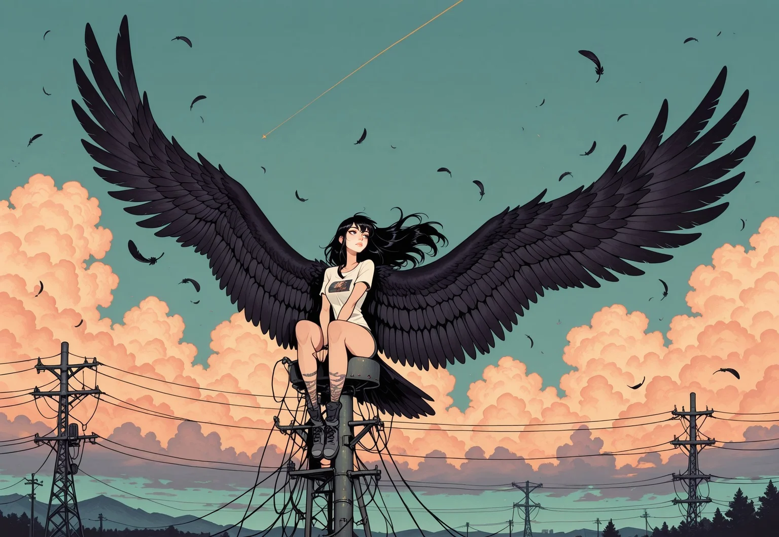 score_9, score_8_up, score_7_up, masterpiece, best quality, very aesthetic, detailed face, (dynamic:1.1), incoth, (incase:0.6), partial illumination, thick linework, illustration, 1girl, d41z3n, harpy girl, huge wings, sitting on landline, sky, black hair, long hair, feathers, powerline, raven