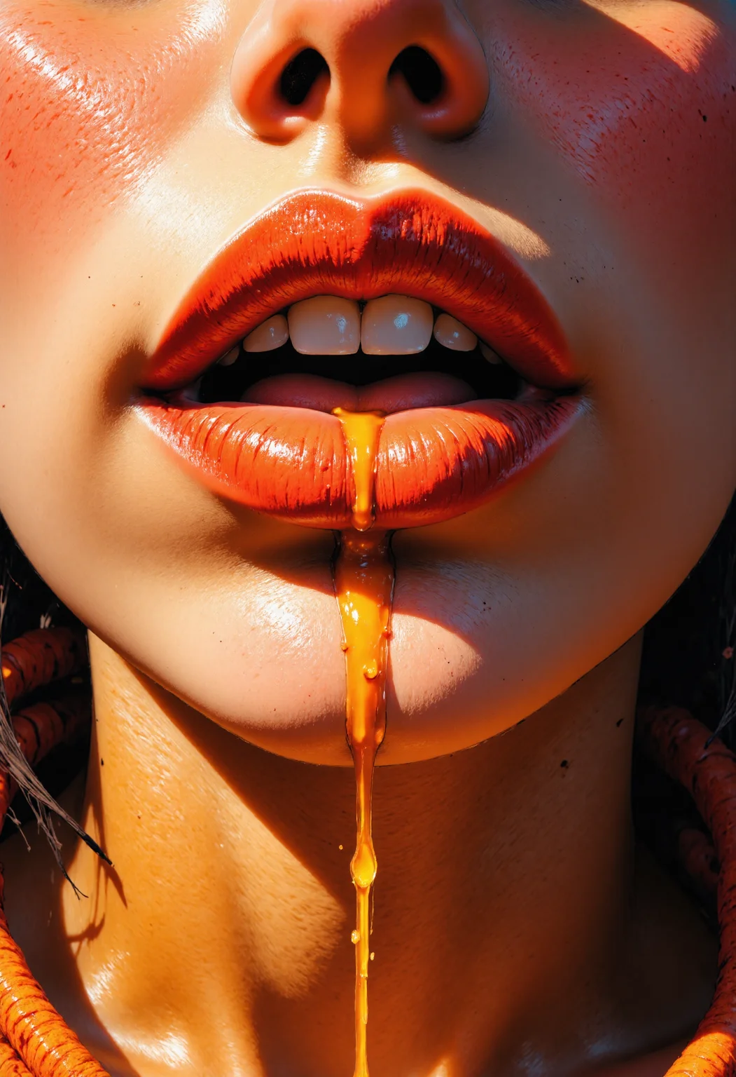 A close-up of a woman's face, rendered in photorealistic detail, is bathed in a warm, golden light that seems to emanate from the very pores of her skin. Her lips, painted a vibrant, metallic orange, are the focal point of the image, and they appear to be glistening with a fine, sticky substance that seems to be dripping from her mouth like honey. The camera angle is extremely close, with the lens barely an inch from her lips, and the resulting distortion gives the image a sense of intimacy and immediacy. As the camera lingers on her lips, it becomes clear that the sticky substance is, in fact, honey, and it's flowing from her mouth in a slow, sensual trickle. The honey seems to be oozing from her lips like a golden, viscous liquid, and it's as if it's being drawn from some deep, inner well of pleasure. The woman's face is expressionless, but her eyes seem to be closed in rapture, as if she's savoring the taste of the honey. The lighting is warm and golden, with deep shadows that accentuate the curves of her face, and the overall effect is one of languid, sensual pleasure.<lora:CustomFlux/MysticComic.safetensors:1.0:1.0>