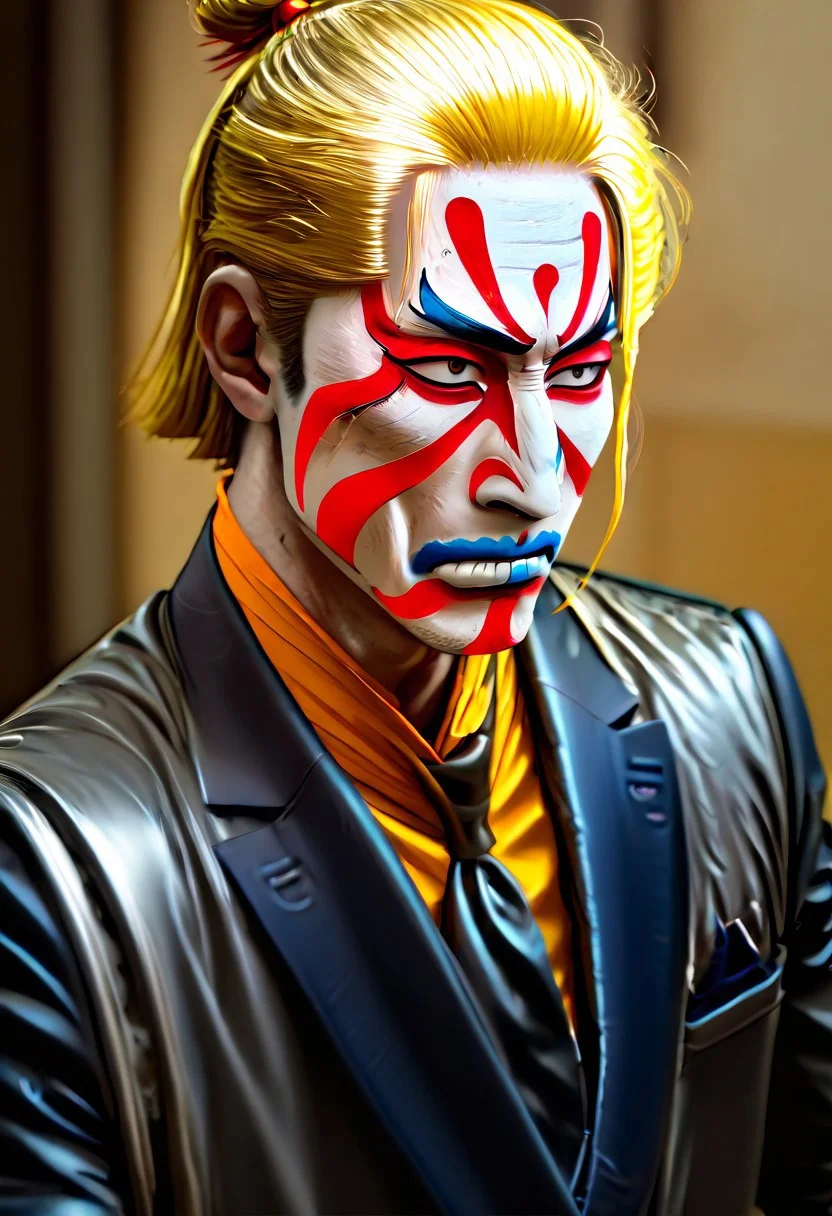 masterpiece, best quality, newest, absurdres, highres, anime, anime style, Kabuki-Makeup-IL.V1.0, makeup, facepaint, 1boy, Sanji/(one piece/), blonde, blonde hair, yellow nectike, suit, formal clothes