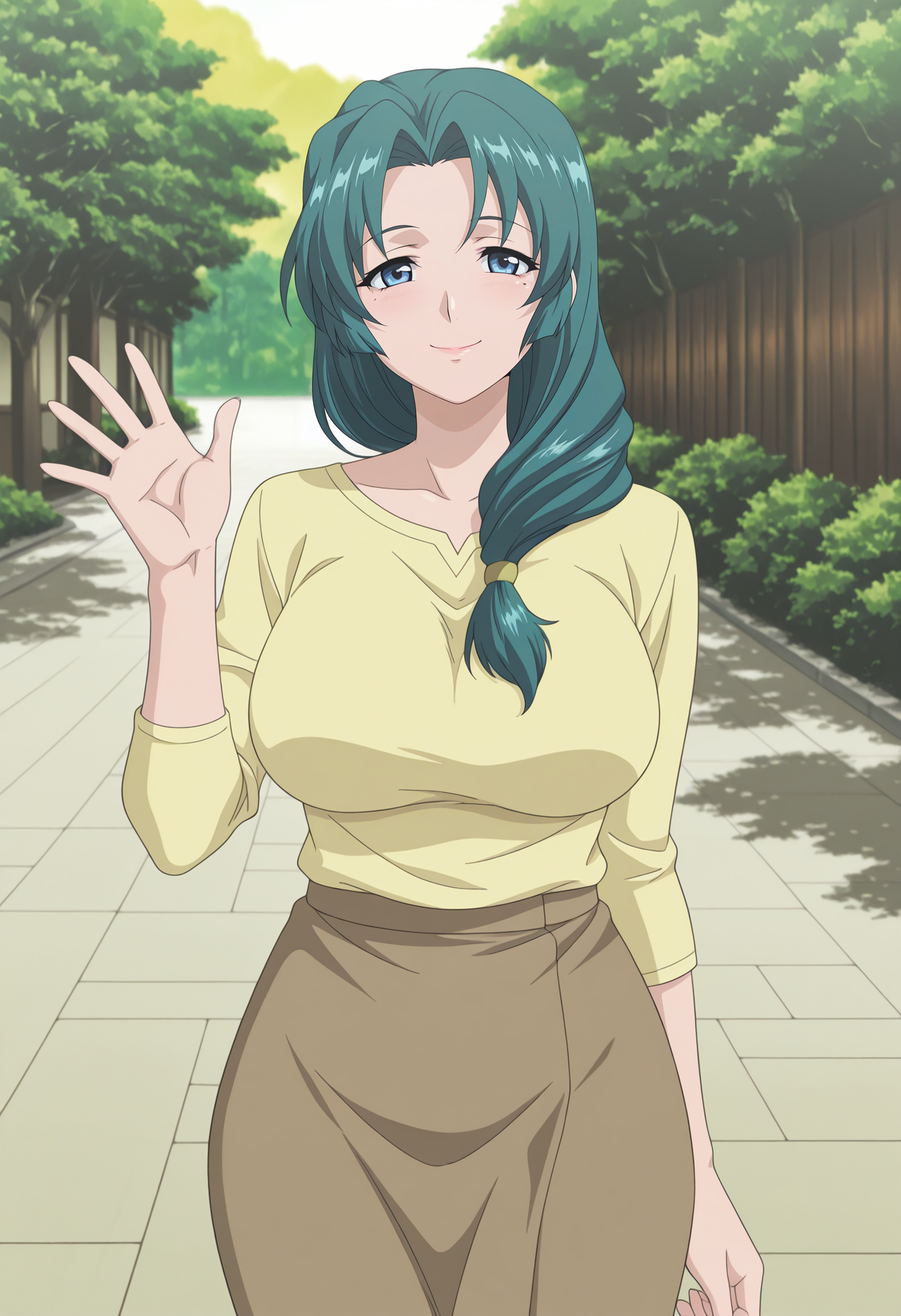 1girl,solo,mm,mature female,long hair,green hair,blue eyes,hair over shoulder,mole under eye,large breasts,anime coloring,
shirt,skirt,outdoors,looking at viewer, waving, cowboy shot, smile
,masterpiece,best quality,amazing quality,<lora:Saori_Takada-Ryoujoku_Hitozuma_Onsen_il:0.8>