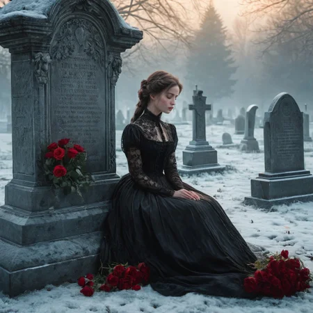 epiCRealism, masterpiece, highly detailed, one girl, pale and delicate, mourning in front of a tomb in a frozen winter morning, mist still clings to the ground while a timid Sun rises on the horizon, a bright red bouquet of roses lays on the tombstone, she wears a highly detailed black laced Victorian dress and sits on the earth in front of the tomb, the skirt spreads around her, view from the side, a small tear drops through her cheek,