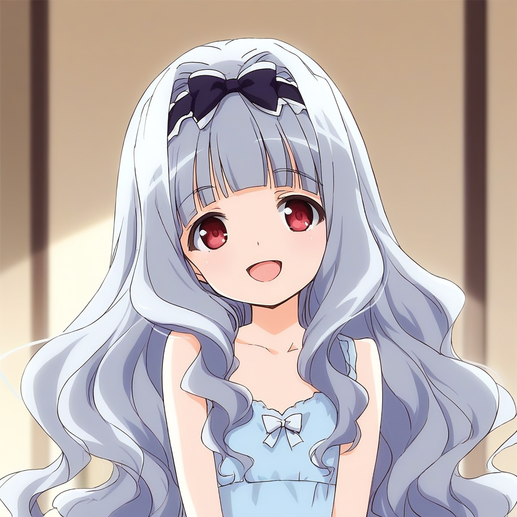 score_9, score_8_up, score_7_up, source_anime, rating_explicit, BREAK  <lora:Watayuki_Ver2.0_XL:1> Watayuki, hairband, very long hair, blue hair, grey hair, hair bow, purple eyes, red eyes, wavy hair, flat chest, blunt bangs,
 1girl, solo, closed eyes, smile, bow, open mouth, hair intakes, ribbon