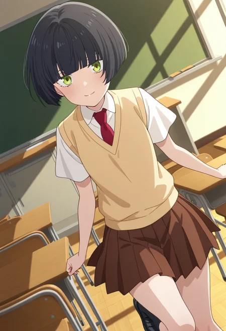masterpiece,best quality,absurdres,perfect lighting,classroom,
*//*,<lora:HealerGirl_ShinobuHonosaka-Illustrious:1>,shinobu_honosaka,1girl,solo,black hair,short hair,bob cut,green eyes,school uniform,white shirt,collared shirt,short sleeves,red necktie,sweater vest,brown skirt,pleated skirt,black socks,shoes,black footwear,loafers,
*//*,looking at viewer,cowboy shot,dutch angle,dynamic pose,light smile,