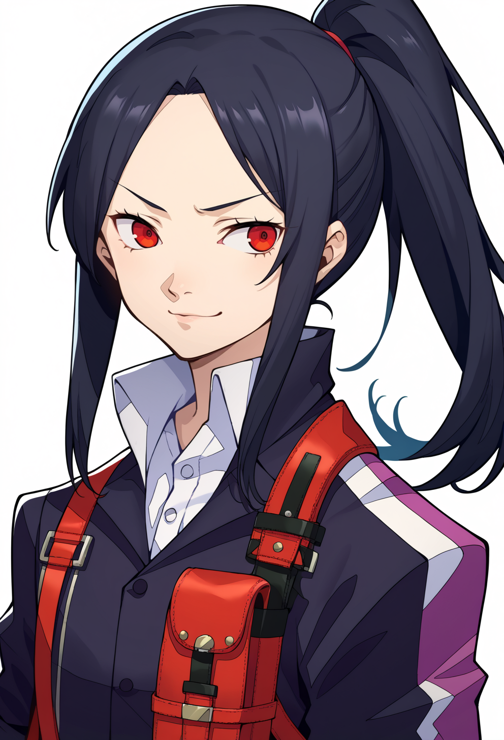 score_9, score_7_up, source_anime, BREAK <lora:zs_P3ReloadPortraitsXL:1> p3reloadportraits, portrait, white background,, smug smile, 1boy, red eyes, tsurime, black hair, parted bangs, hair intakes, ponytail, short hair with long locks, very long bangs, jacket on shoulders, black coat, dress shirt, sleeves rolled up, fingerless gloves, shoulder holster,