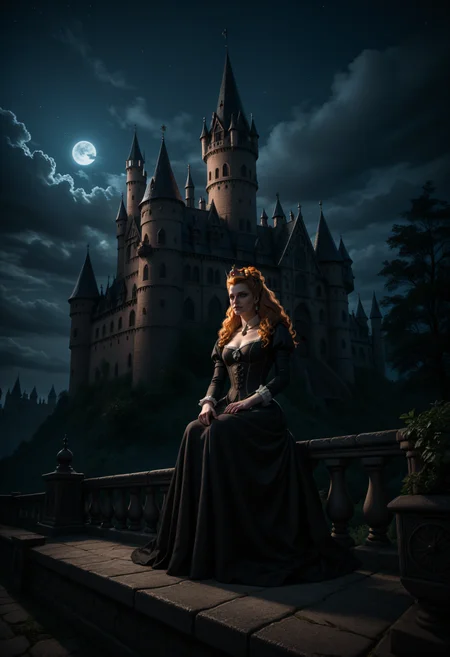 score_9, score_8_up, score_7_up, 1girl, Anna Henrietta from Witcher, dutch angle, sitting, outdoors, wizard tower, embedding:c4stl3,