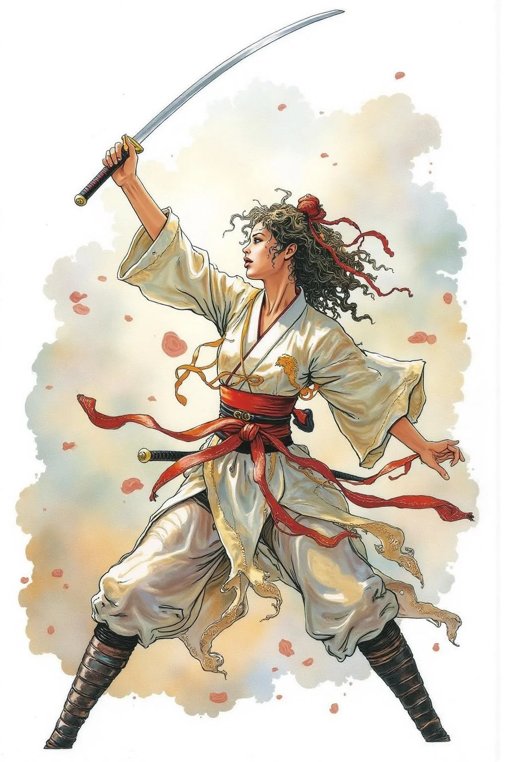 itacomic1 illustration of a female Japanese samurai warrior wielding a katana, blending form with reality. Glitching the surreal with blurred dreams on a white background. Woven light fuses delicatly with whispering shimmers creating a eyecatching and masterpiece artwork. drifting fog, cracked light and smokey haze in floating threads finishes the dreamlike reality. <lora:itacomic_mima4_nocap_d4a2:1.0><lora:801712013232308526:0>
