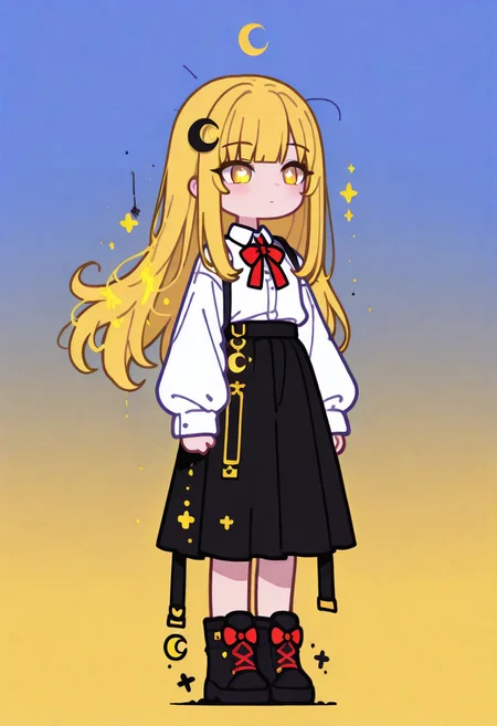 masterpiece,best quality,amazing quality, 1girl, solo, long hair, floating hair, Yumeko, GachaYumeko, Gacha, Blonde, long hair, straight bangs, yellow eyes, white shirt, red bow on the shirt,
black skirt
full body, simple background, gradient background, blue background, yellow background, crescent moon, glowing, haiz_ai, Flatline, Flat vector illustration