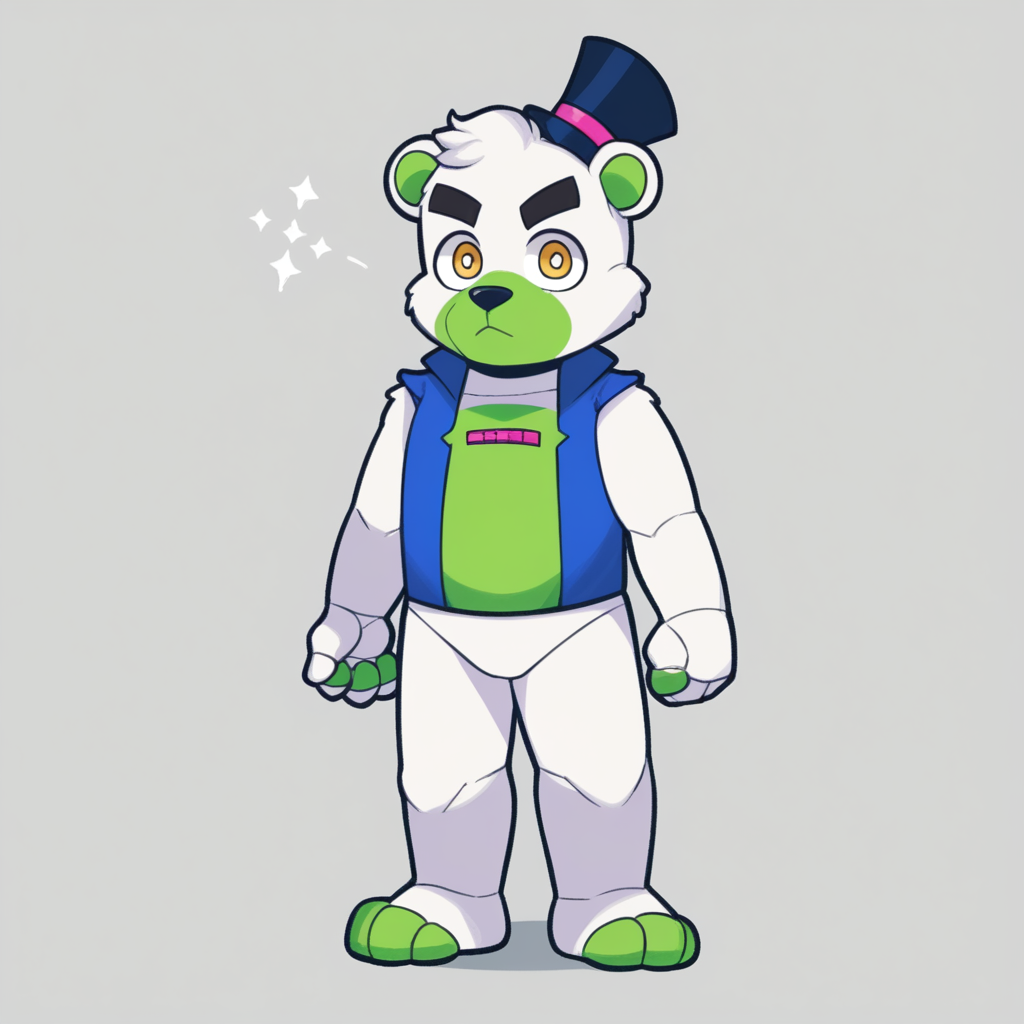 source_anime, colorful, score_9, score_8_up, score_8, (masterpiece), BREAK, 1boy,  chibi, <lora:saucebear_ponyxl-10:1.4>  (saucebear), blue hat, bear ears, yellow eyes, white fur, green chest, blue vest. simple background,  <lora:add-detail-xl:1.0>