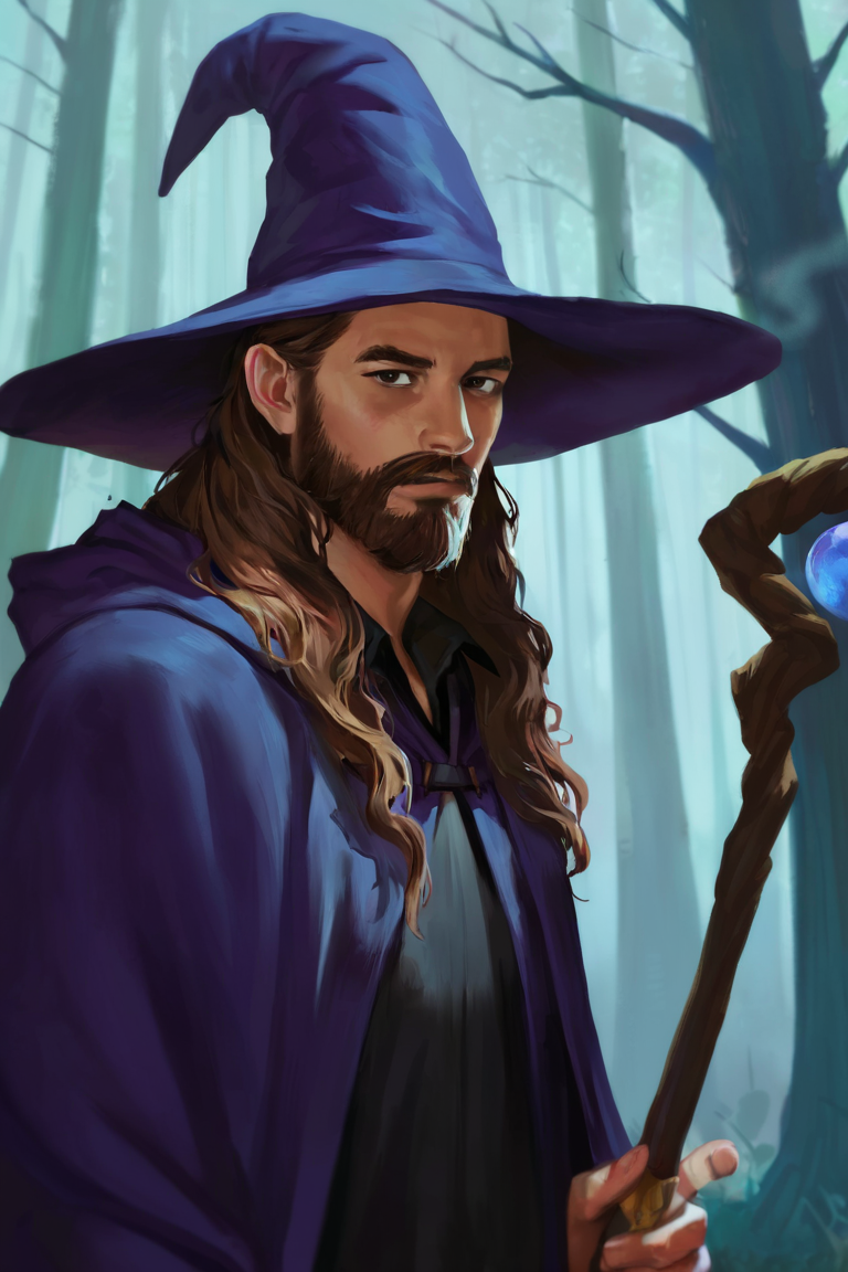 masterpiece, best quality, highres, newest, concept art, realistic, 1boy, solo, male focus, mature male, wizard, long hair, brown hair, black eyes, looking at viewer, hat, facial hair, beard, mustache, staff, wizard hat, purple hat, black shirt, collared shirt, robe, purple robe, hooded cloak, holding, holding staff, upper body, closed mouth, standing, outdoors, forest, nature, tree, fog, dark background <lora:Concept Art Ultimatum [LoRA] - NoobAI-XL EPS 1.0:1>
