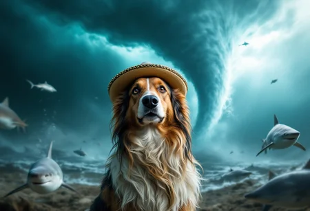A dog wearing a sombrero, looking at viewer. Massive tornado with sharks around it in the background.