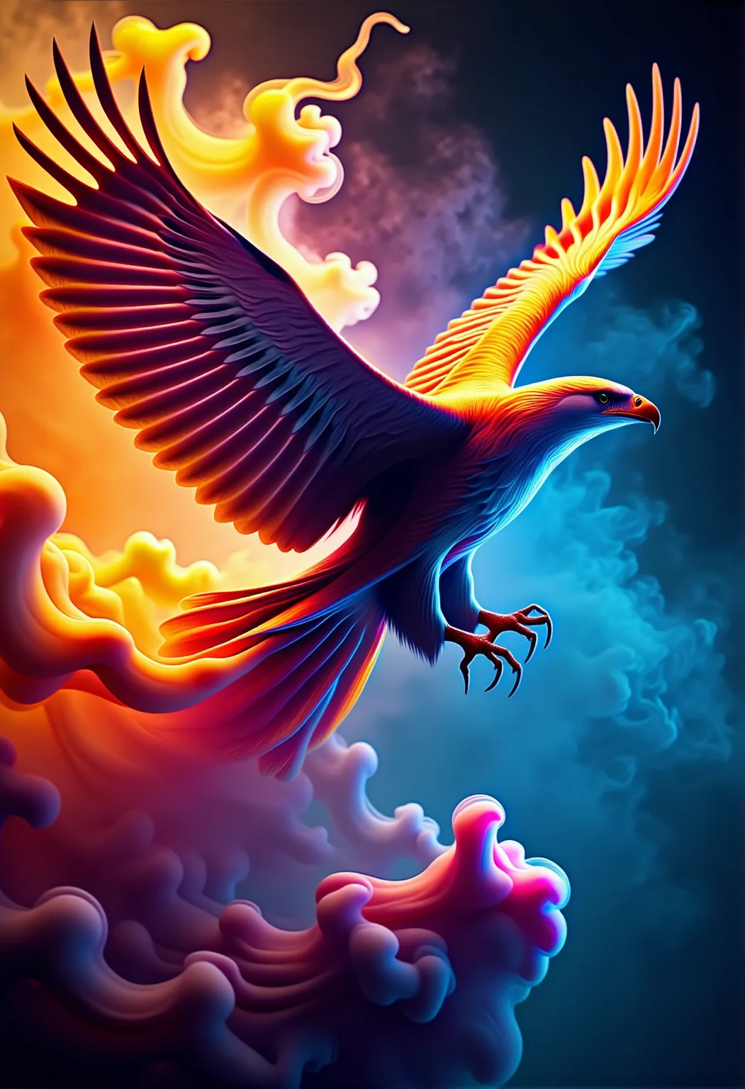 bv-smowormor. A majestic eagle caught mid-motion, parts of its body dissolving into wisps of smoke, trailing behind to form intricate swirling patterns, creating a mesmerizing fusion of wild movement and tranquility, with a rising sun giving the scene a golden tint The scene is captured with a wide-angle shot, showing the grandeur of the entire scene, with an interplay of vibrant colors and dramatic smoke trails blending into the environment. The lighting is designed to incorporate vibrant neon lighting, casting colorful reflections in the smoky tendrils, producing an electric and surreal aesthetic. The scene features ambient mist drifting through, giving the entire image a mystical and magical atmosphere. The style is a hyper-detailed digital painting, emphasizing the smooth transitions and smoky textures. , <lora:bv-smoke-world-morph-1-0.safetensors:1.0:1.0>