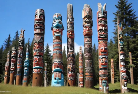 a photograph from the ground, pointing up of beautifully decorated, intricately carved, beautifully painted, wooden totem poles, native American art, with various totem animals, stands on a beautiful natural background with land, water, sky and nature present, a realistic, breathtaking tall, wooden totem, nature, natural, absurdres, breathtaking, OverallDetailX, pop Tlingit totem pole, Archi Sculpture Photography