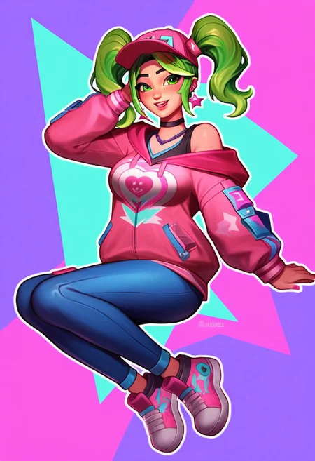 score_9, score_8_up, score_7_up, score_6_up, score_5_up, score_4_up, source_anime, zoey from Fortnite, Zoey, Twintails, pink shoulderless hoodie, pink cap, green hair, neon green twintails, zoey \(fortnite\), <lora:Zoey:0.45>, eyes looking viewer, extremely luminous bright design, extremely pastel colors, (night futuristic utopic disco background:1.4), pastel colors, dancing upbeat, smile, full neon lights dance suit, full body, high quality, highres, 1girl,