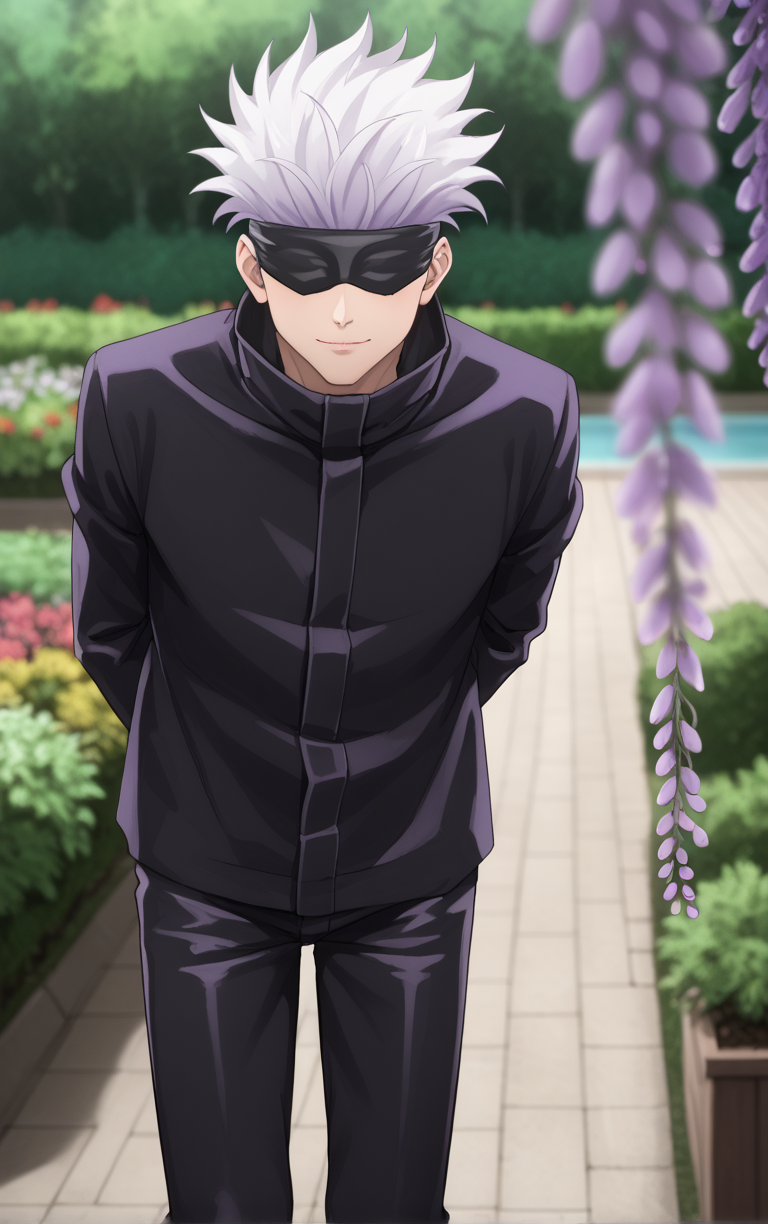 score_9, score_8_up, score_7_up, score_6_up,  solo, looking at viewer, BREAK
Masked_GojouSatoru_ownwaifu, 
1boy, black blindfold, gojou satoru, gradient hair, male focus, white hair, short hair, covered eyes, spiked hair, blindfold, 
black jacket, high collar, long sleeves, black pants, black shirt,
(leaning forward, arms behind back), cowboy shot, garden, wisteria, outdoors, <lora:PONYXL_JujutsuKaisen_GojouSatoru_ownwaifu:0.85> , depth of field 
,