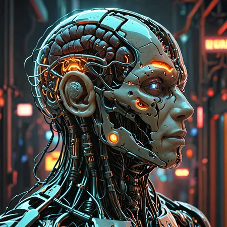 biomechanical cyberpunk gene-spliced hybrid, exposed human brain, exhibiting a mix of bio and mechanical traits . human-machine fusion, dystopian, organic meets artificial, luminous grid of neon lights in background , dark, intricate, highly detailed