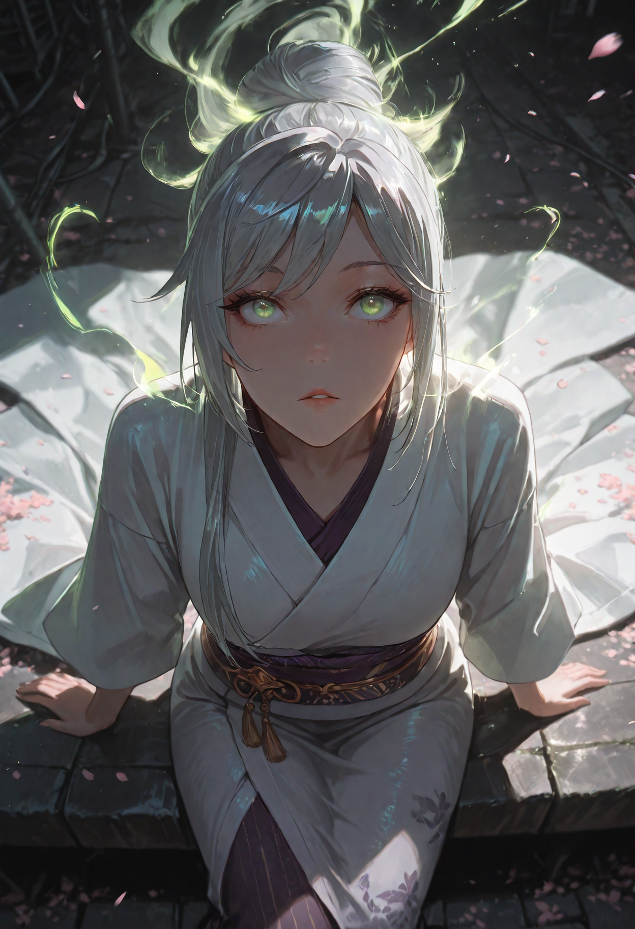 1girl, Ye Liuli, green eyes, grey hair, kimono,lighting aura,cherry blossoms,power lines,sitting,arms at side,sprawled,dynamic pose,looking up viewer,(from above:1.2),parted lips,perspective,black background,vignetting,chromatic aberration,depth of field,
(Smooth Quality - Illustrious:0.8), masterpiece,best quality,amazing quality, absurdres, (impressionism), ultra-HD, 8k, fit body, highest quality, volumetric lighting, (cinematic composition:1.3), (sharp focus:1.2), (depth of field:1.2), (adult), wide eyes, (mature female:1.2), very aesthetic, smooth image, action lines, motion lines, motion blur, (detailed face and eyes:1.3),
<lora:illustrious_quality_modifiers_masterpieces_v1:0.6>  <lora:ponyv4_noob1_2_adamW:0.4> <lora:FINALE:0.3>  <lora:I_Am_The_Fated_Villain:0.6> <lora:g0thicILL:0.4> <lora:USNR STYLE_XL_loha:0.3>