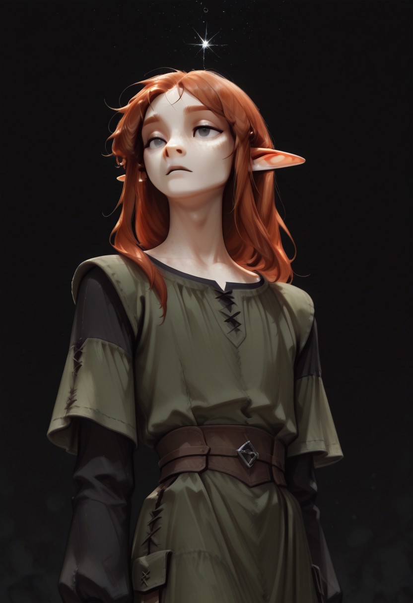 1person, (Lapanya), Malgha, freckles, 2 strands of hair sticking up, pointy ears, Long-sleeve black shirt, green tunic,
Low angle, looking around, floating, weightless, 
Black background, void background, empty space background,
Source: semi-realistic