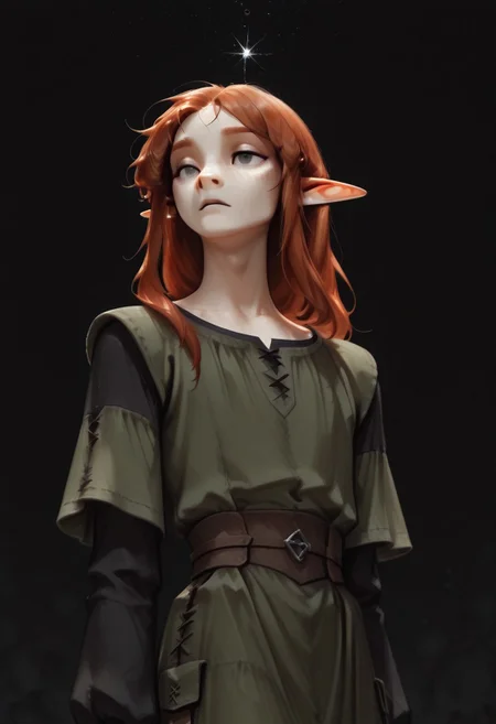 1person, (Lapanya), Malgha, freckles, 2 strands of hair sticking up, pointy ears, Long-sleeve black shirt, green tunic,
Low angle, looking around, floating, weightless,
Black background, void background, empty space background,
Source: semi-realistic