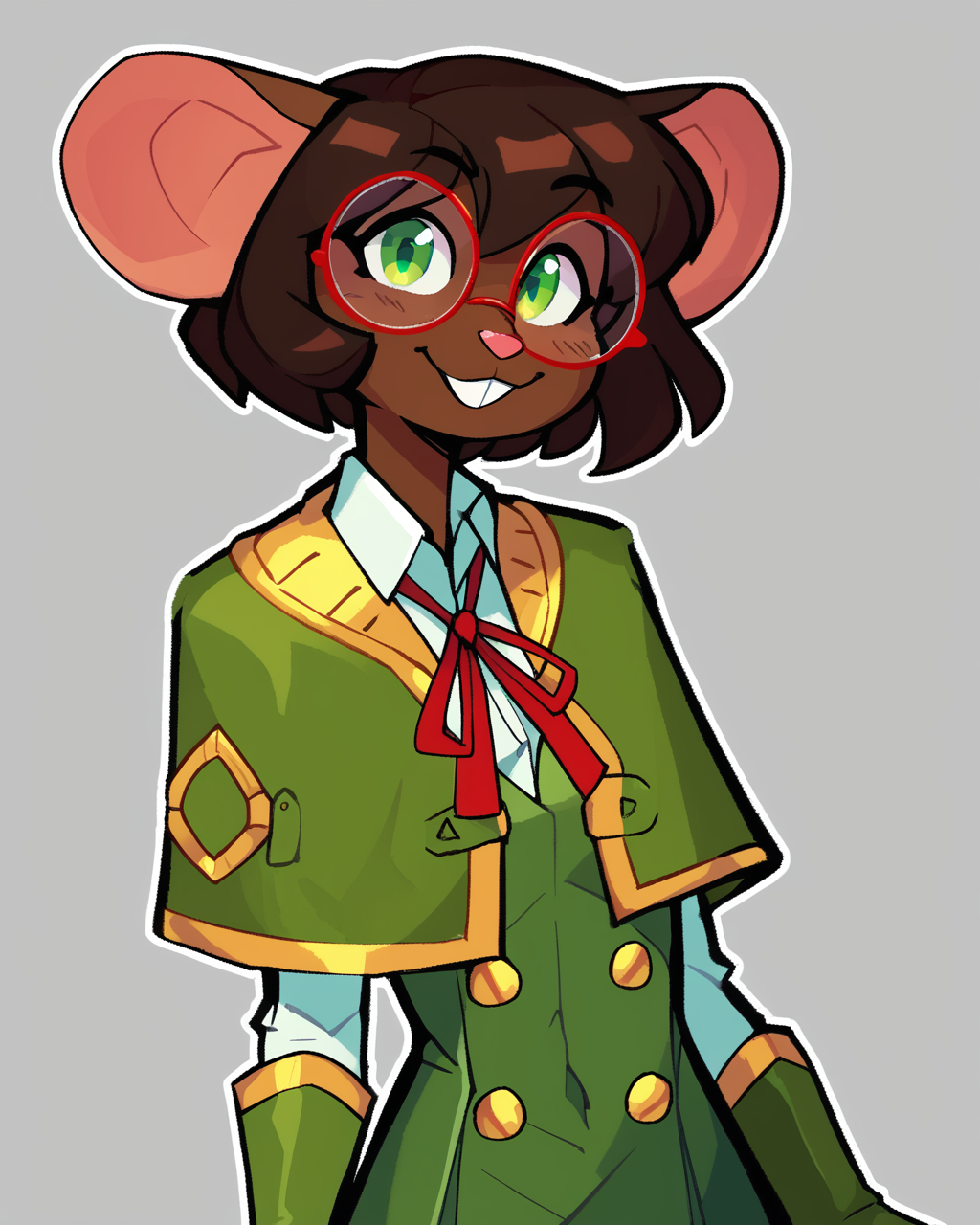 score_9_up, score_8_up, score_7_up, score_6_up, by remanedur, furry female, half-length portrait, female, furry, mouse, green eyes, brown hair, brown skin, short hair, green gloves, capelet, skirt, collared shirt, thigh boots, red round glasses, tail, small breasts, looking at viewer, smile, happy, head tilt, solo, three-quarter view, simple background, white outline, <lora:Leah_Pines(AIM)_XL_v1:0.15> <lora:PDXL_artist_tags_v2_big:0.5> <lora:The-Minuscule-Task_PDXL_v1.0:0.6>  <lora:Olive_BumbleSteak:0.7>