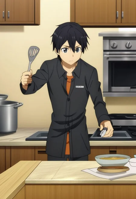 high resolution, professional photography, solo, best quality, 1Boy, Kazuto Kirigaya, Black Hair, Black Eyes, cooking, kitchen, OverallDetail