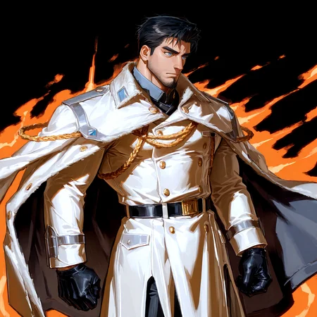 <lora:Gilfred__Alchemist_Code-000003:.7>, tagatamegilfred, gilfred_black hair, gilfred_military suit, 1boy, black hair, short hair, blue eyes, solo, male focus, manly, bara, mature male, muscle body, coat, shirt, gloves, pants, boots,
cowboy shot, 
(very short hair, beard, bara, mature, facial hair, stubble, beard, full beard, sideburn, beard, a lot of beard, ), facial hair,male focus, muscular male, muscular male, bara, mature,  bara, mature, aixiwuganda_(20222192), very awa, masterpiece, best quality, absurdres, newest, perfect quality, detailed background, intricate details,
<lora:slider_Body Type_alpha1.0_rank4_noxattn_last:3><lora:Anime Summer Days 2 Style SDXL_LoRA_Pony Diffusion V6 XL:.6><lora:slider_cfg_scale_boost:.7><lora:Artist6p:.55>, Artist6p, Artist04p,<lora:slider_il_brightness_slider_d1:-1><lora:slider_il_contrast_slider_d1:-1><lora:slider_DarkSlider1.2_alpha1.0_rank16_full_300steps:-.6><lora:slider_contract_controller_illus01_v1:.5>,