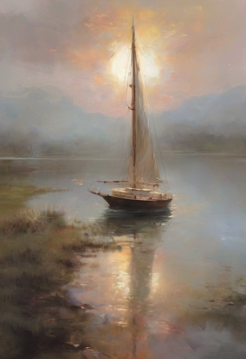 A mesmerizing oil painting by Richard Schmid,capturing a solitary sailboat moored in a mist-covered lake at dusk. The warm,amber glow of the setting sun casts a magical light across the water,contrasting with the cool,enveloping fog. The shoreline,adorned with faint outlines of distant mountains,is barely visible through the mist. The sailboat,with its elegant lines and detailed craftsmanship,is masterfully rendered with impeccable brushwork,showcasing the reflections and subtle textures in perfect harmony. The painting evokes a sense of serene isolation and poetic beauty,transporting the viewer to a world of tranquility and wonder,full color,dramatic ambient cinematic composition,dynamic scenic,mystical,creative,deep colors,extremely inspirational,, ultra quality, ultra detailed<lora:Epic_Landscape_Generator_SD15:1><lora:Epic_Landscape_Generator_SD15:1>