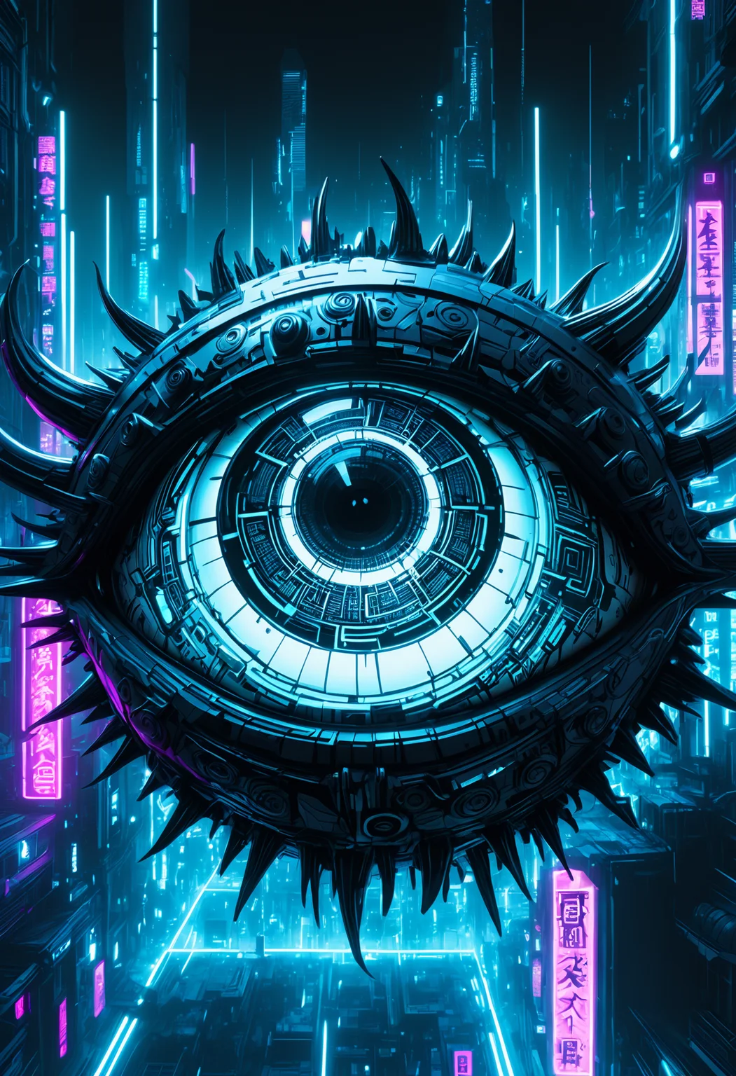A black and white 135mm upper-body shot of Large Demon Eye, with high detailed and beautiful eyes, in a stacked_papercut style, set in a neon-lit cyberpunk city, a dynamic fighting pose and an grimace expression and fully dressed, rating safe. The scene is illuminated by Dreamy pastel lighting, enhancing the intense atmosphere. Fog rolling in from a mysterious unseen source. A stunning fusion of anime-style vibrancy and ultra-HD intricacy, with mesmerizing textures and crisp 8K brilliance. The composition is a testament to artistic mastery, capturing the essence with unparalleled clarity., <lora:add-detail-xl:1>, <lora:JuggerCineXL2:0.75>, Jed-Cypnk, <lora:CyberpunkStyle:0.8>, eyeshd, <lora:Eyes_High_Definition:1>,