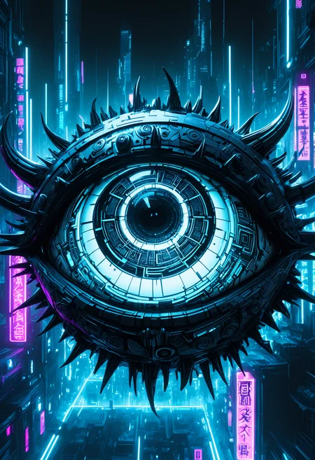 A black and white 135mm upper-body shot of Large Demon Eye, with high detailed and beautiful eyes, in a stacked_papercut style, set in a neon-lit cyberpunk city, a dynamic fighting pose and an grimace expression and fully dressed, rating safe. The scene is illuminated by Dreamy pastel lighting, enhancing the intense atmosphere. Fog rolling in from a mysterious unseen source. A stunning fusion of anime-style vibrancy and ultra-HD intricacy, with mesmerizing textures and crisp 8K brilliance. The composition is a testament to artistic mastery, capturing the essence with unparalleled clarity., <lora:add-detail-xl:1>, <lora:JuggerCineXL2:0.75>, Jed-Cypnk, <lora:CyberpunkStyle:0.8>, eyeshd, <lora:Eyes_High_Definition:1>,