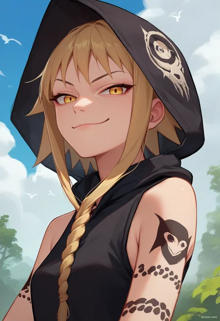 score_9, score_8_up, score_7_up, source_anime, upper body, solo, 1girl, medusagorgon, evil smile, closed mouth, looking at viewer, tattoo, braid, black hoodie, sleeveless hoodie, jewelry, bare shoulders, outdoors <lora:souleater_medusa_ponyXL:1>