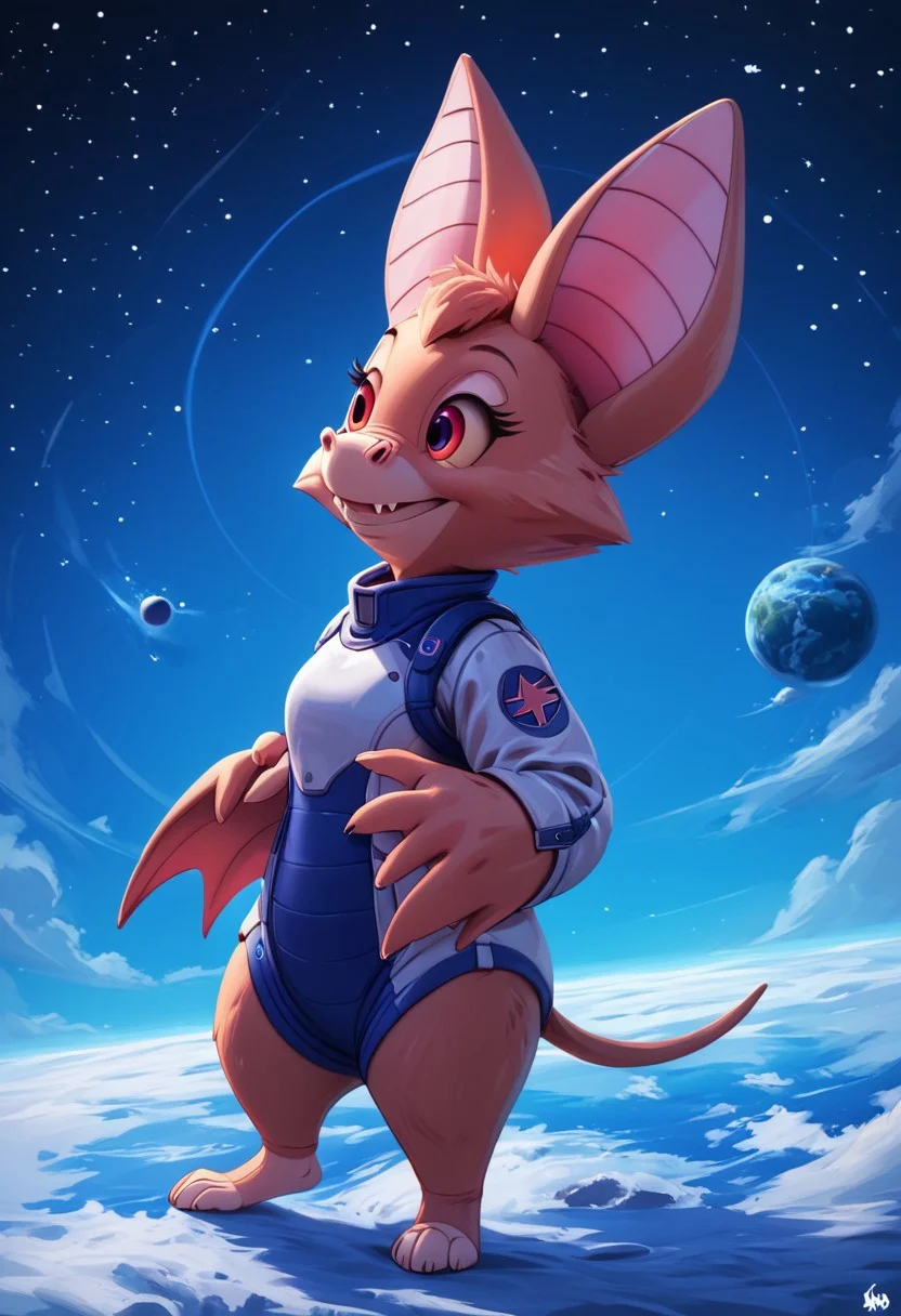 Score_9, score_8_up, score_7_up, highly detailed fur, score_6_up, Cartoon, detailed background, 4k, ultra detailed, hi_res, full body view, 1girl, Foxglove bat, bat girl, anthro bat, bat tail, 4 fingers on hands, 4 toes on each foot, detailed face, red sclera, highly detailed, one tail, smile, big eyes, 3/4 side view, wearing space suit, (outer space background:1,4)