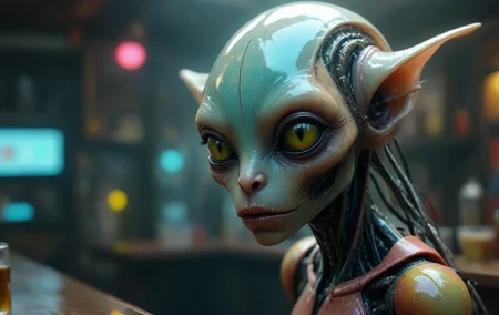 shiny translucent multicolored sexy alien species femal head in a bar, dirty, highly detailed, sad <lora:alien-species:1>