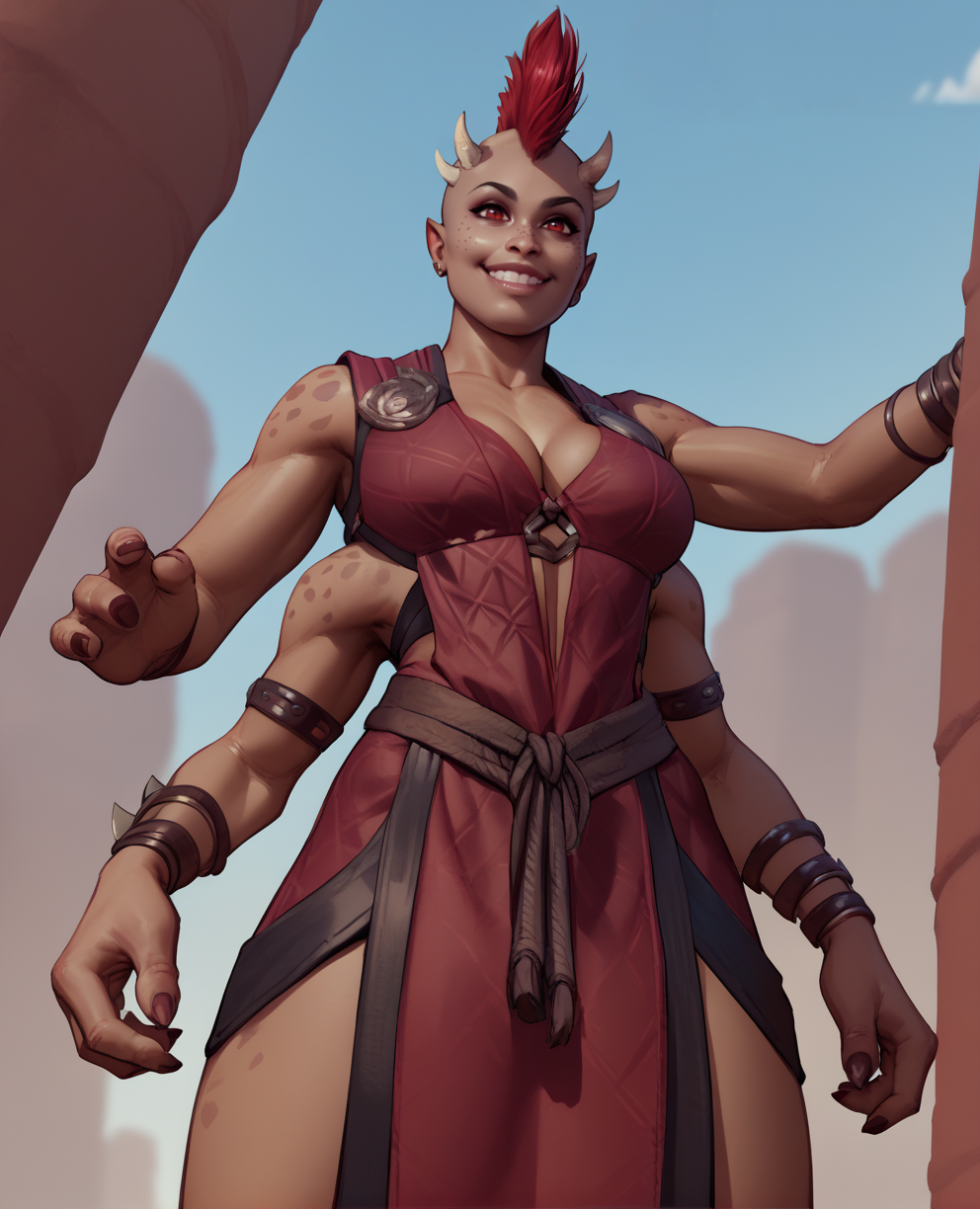 score_9,score_8_up,score_7_up,
Sheevaxl,small horns,red eyes,mohawk,4 arms,
red robes,cleavage,
smile,from below,hips, cloud, \
outside,
standing,<lora:Sheevamk11XL:0.8>,