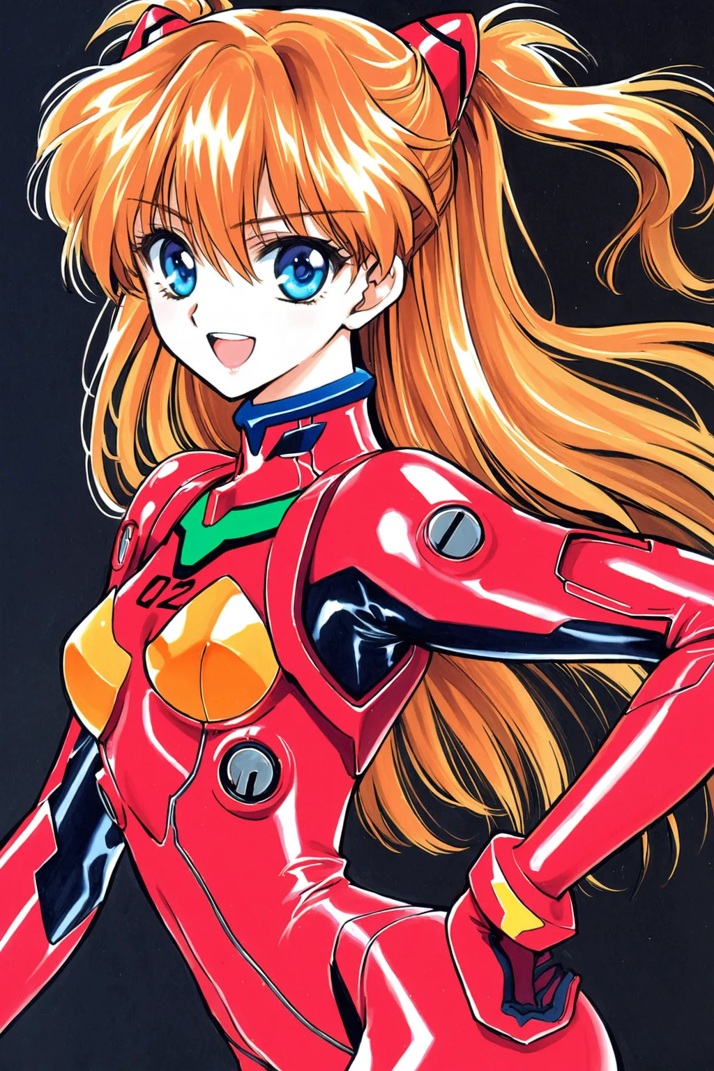 1girl,long hair,plugsuit,bodysuit,souryuu asuka langley,pilot suit,bracer,blue eyes,smile,open mouth,breasts,bangs,turtleneck,solo,cowboy shot,:d,hair between eyes,gloves,red bodysuit,small breasts,looking at viewer,headgear,two side up,hand on hip,skinny,adjusting hair,narrow waist,standing,orange hair,science fiction,hand up,shiny clothes,hair ornament,happy,from side,shiny,skin tight,simple background,black background,traditional media,<lora:RG Veda_XL:0.8>,