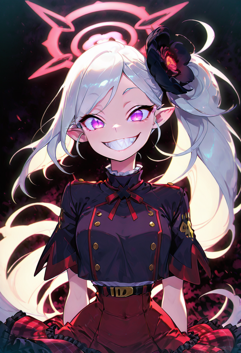 masterpiece, best quality, solo, curvy, beautiful eyes,  narrow waist, wide hips, zzMutsuki, long hair, halo, purple eyes, hair ornament, white hair, side ponytail, grey hair, pointy ears, hair flower,  red skirt, short sleeves, frilled skirt, plaid skirt, shirt,  ,       <lora:MutsukiBlueArchiveIXL:1.0>, , smile, looking at viewer,  (upper body), multicolored hair, grin, sharp teeth, abstrack colors, (glowing), black background,  ,<lora:GlowingNightmare_NAI:1.0>,