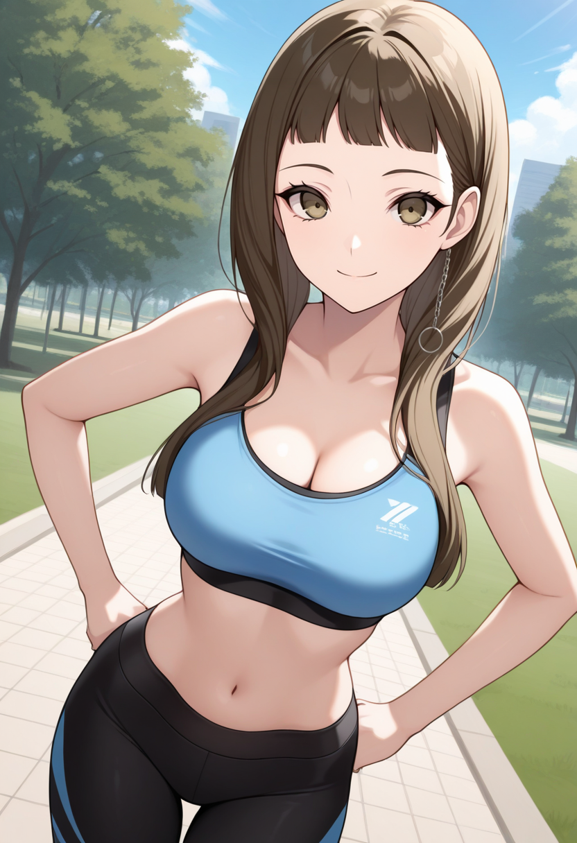 masterpiece, best quality, 1girl, solo, looking at viewer, cowboy shot, smile, park, blue sky hands on hips
blue sports bra, black yoga pants
 <lora:zs_IchinoseILLU:1> ich1n0sep5s, long hair, brown hair, blunt bangs, earring