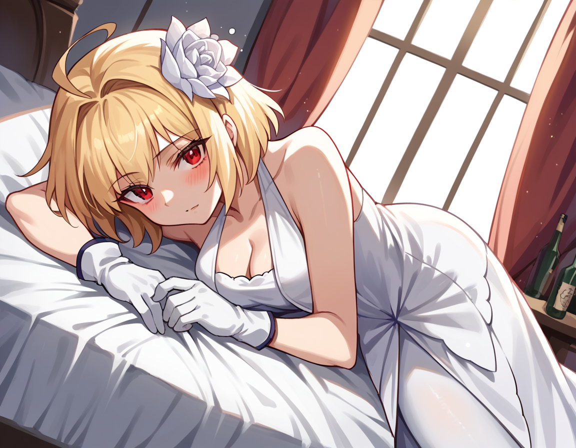 score_9, score_8_up, score_7_up, source_anime, <lora:arcueid-brunestud-10th-anniversary-ponyxl-lora-nochekaiser:1>, arcueid brunestud, blonde hair, red eyes, short hair, ahoge, hair intakes,, medium breasts, hair ornament, gloves, dress, cleavage, bare shoulders, flower, pantyhose, white gloves, hair flower, white dress,, indoors, bed, bed room, on side, blush, drunk, looking at viewer, solo,, cowboy shot, dutch angle
