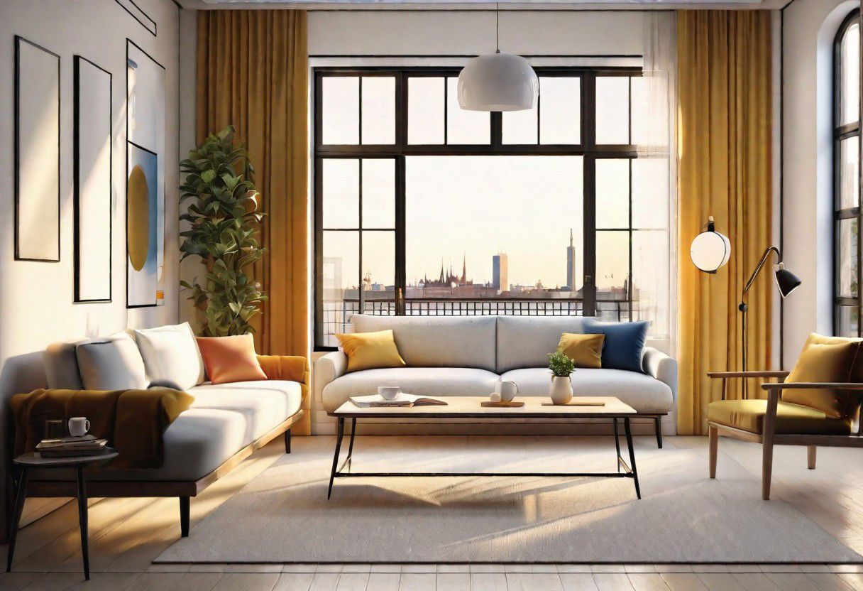 ((front view)), ((animation style)), modern-style interior, with white walls, (large windows), Nordic-style furniture, a  study, Sofa, coffee table, bookcase, single wall, 
warm light morning sun, (the view of the city)