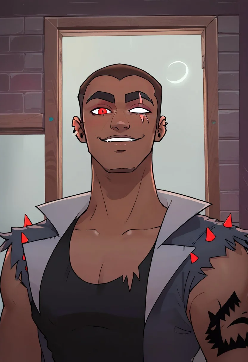 SCORE_9, SCORE_8_UP, SOURCE_ANIME, REALISTIC, FROM BELOW, CLOSE-UP, FACE FOCUS, PORTRAIT, BREAK, 1MALE, VORTEX (HELLUVA BOSS), HUMAN FORM, DARK SKIN, (SCAR ACROSS EYE), (BLANK GLASS EYE), RED EYE, EAR SLITS, ARM TATTOO, TANK TOP, SPIKED LEATHER VEST, BLACK VEST, GESUGAO, BREAK, IN HAUNTED HOUSE, SPOOKY, WOOD WALLS, COB WEBS, DIM LIT, HIGH RESOLUTION, VIVD TEXTURES