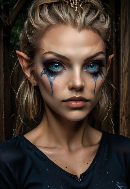 score_9, score_8_up, score_7_up, rating_safe, concept art, semi-realistic, 1girl, solo.
Elf, Elf face, Elf eyes, Young beautiful face, fit body, Blue eyes. TearsMakeUp.
(Big breast), (Round breast).