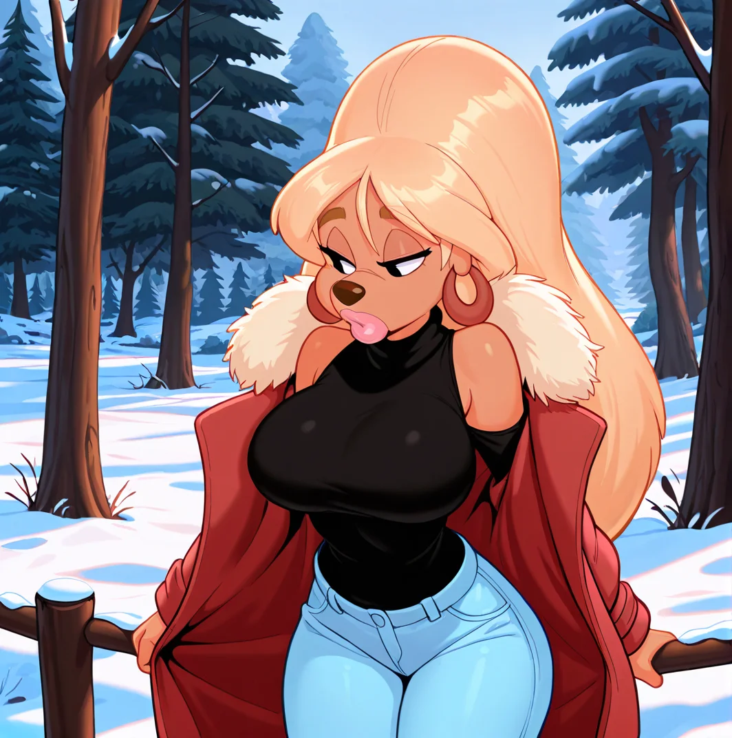 <lora:lisagoofymovie_illustrious:1>, (masterpiece), (best quality), (ultra-detailed), amazing quality, very aesthetic, illustration, perfect composition, intricate details, absurdres, , lisagoofymovie, 1girl, blonde hair, furry female, animal nose, long hair, lips, dog ears, tan skin, earrings, outside, snow, trees, wearing, coat, jeans, large breasts, wid hips, forest, winter, solo,